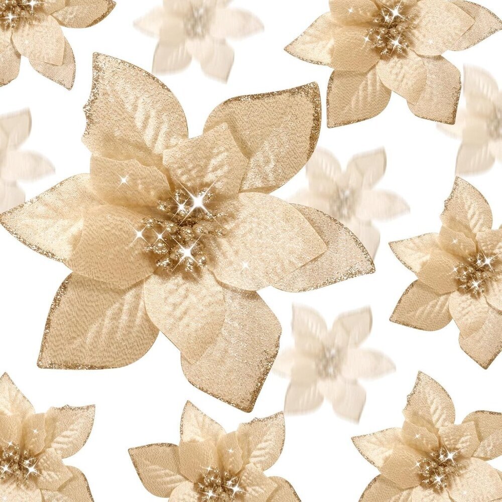 36 Pcs 3 Size Christmas Poinsettia Christmas Tree Flowers Glitter Faux Flowers D